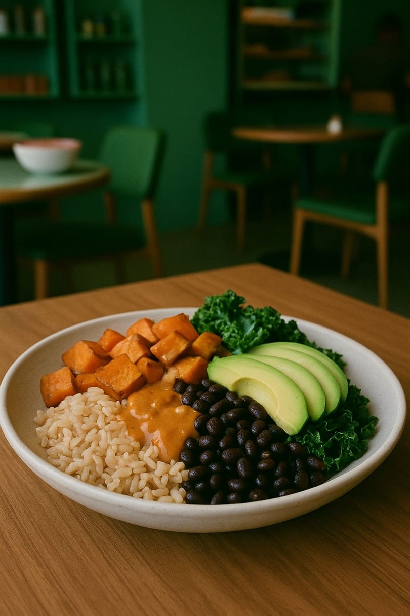 A healthy Love Nutrition bowl with rice, sweet potatoes, black beans, avocado, and kale.