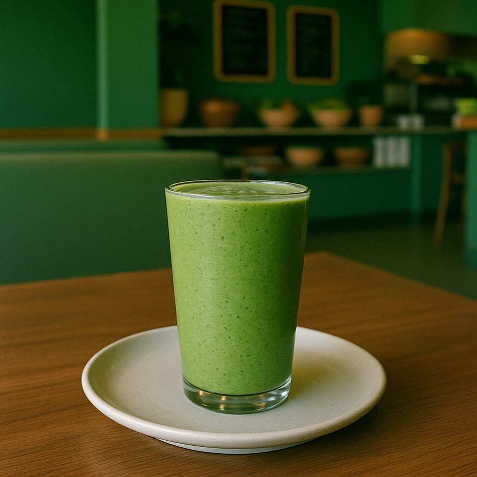 A vibrant green smoothie on a white plate, on a wooden table in a green-themed Love Nutrition cafe.