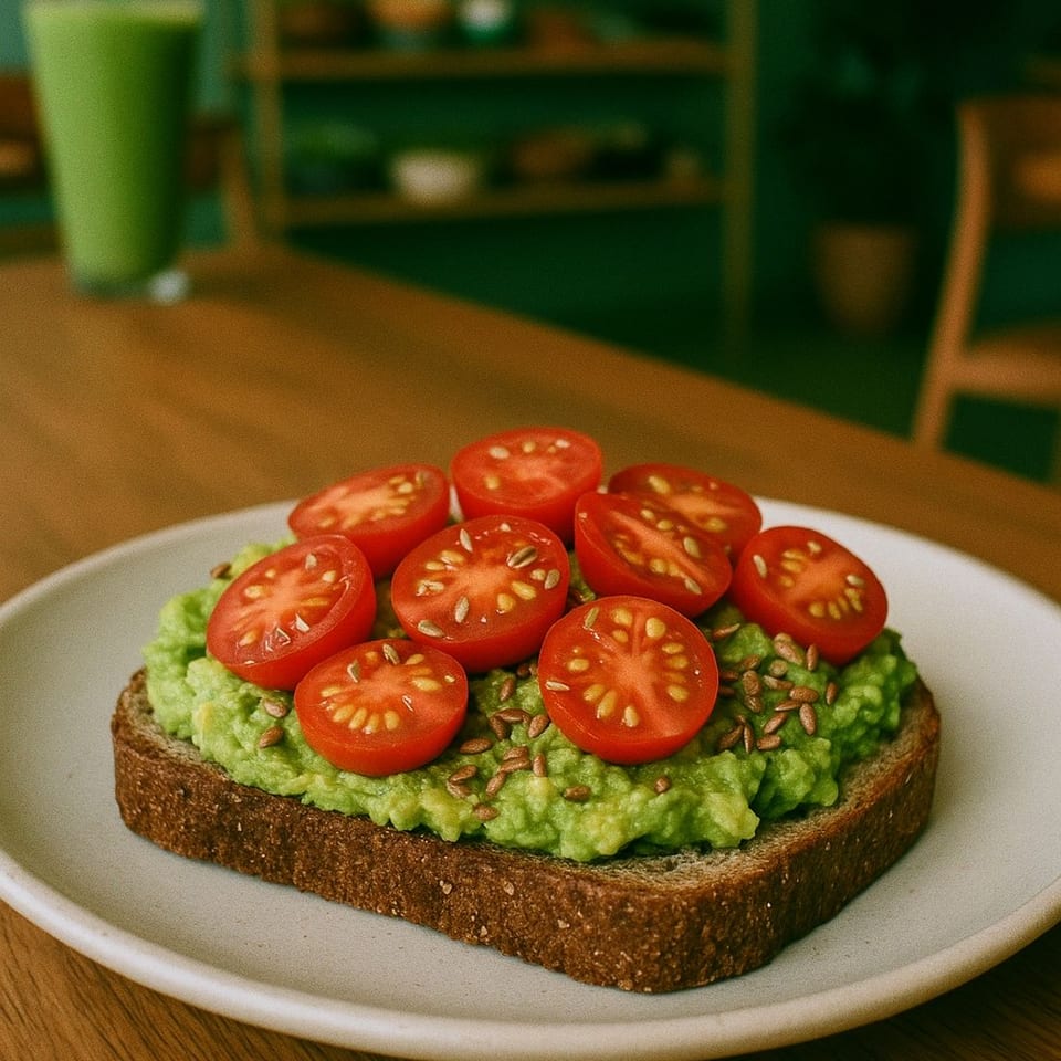 Avocado toast with cherry tomatoes and flax seeds on a white plate, with a green smoothie in the background.