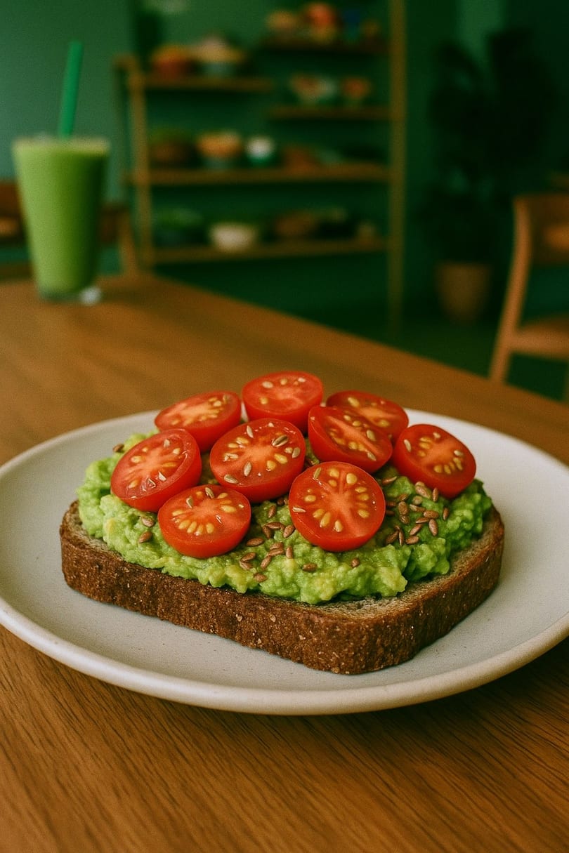 Avocado toast with cherry tomatoes and flax seeds on a white plate, with a green smoothie in the background.