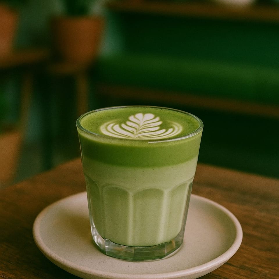 A vibrant green matcha latte with delicate latte art sits on a wooden table at Love Nutrition.