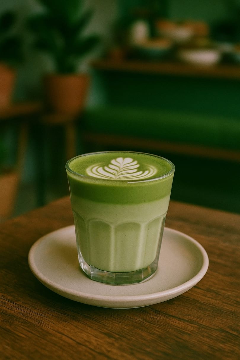A vibrant green matcha latte with delicate latte art sits on a wooden table at Love Nutrition.