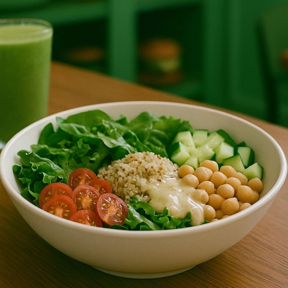 A healthy Love Nutrition salad bowl with greens, quinoa, chickpeas, tomatoes, cucumbers, and dressing.